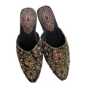 Vintage Asian Embroidered Wooden Slip-On Mules | Beaded Sequin Floral Shoes